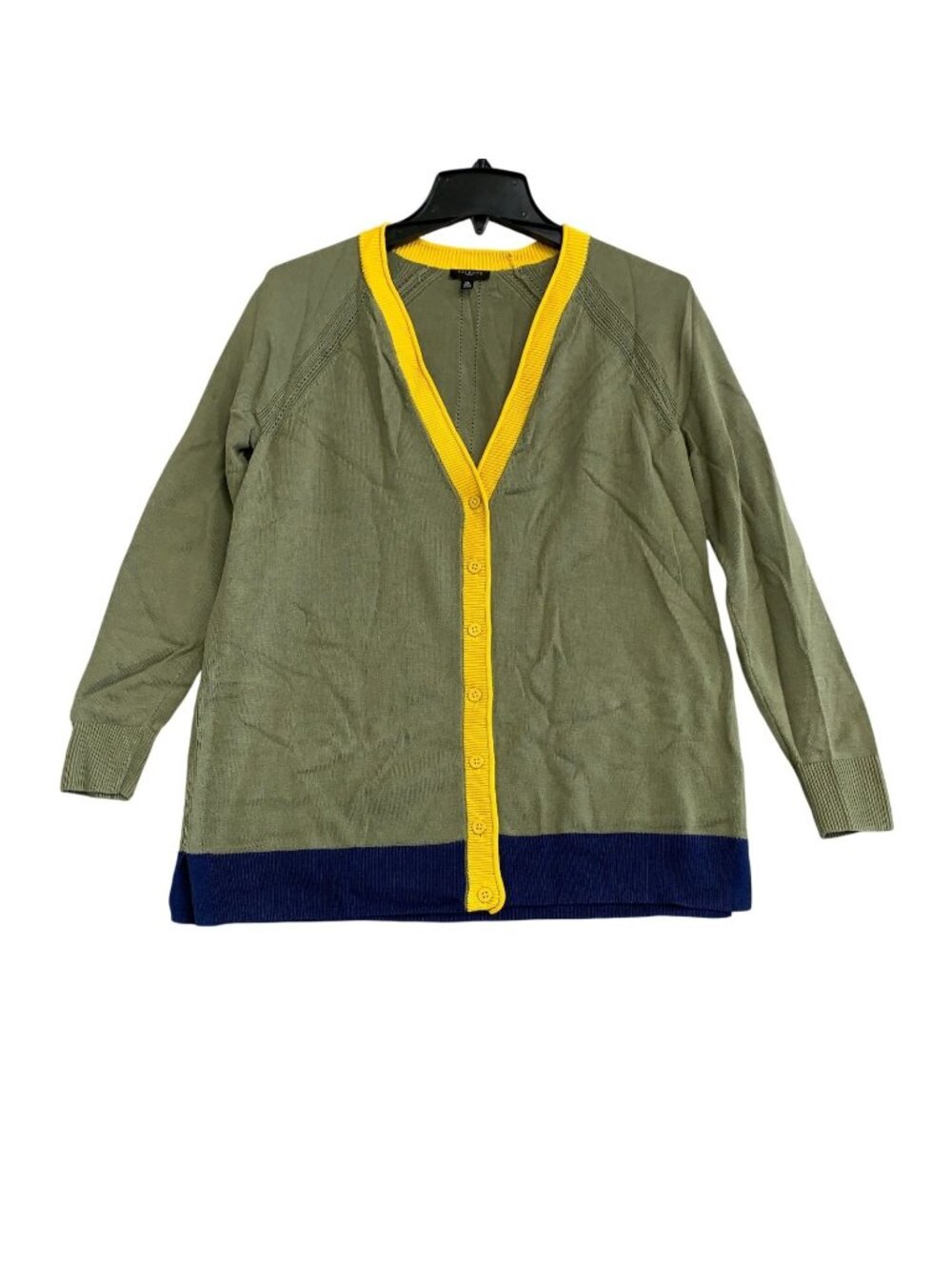 Talbots Petite Women's MP Cardigan Sweater Olive With Yellow & Navy Trim P0071